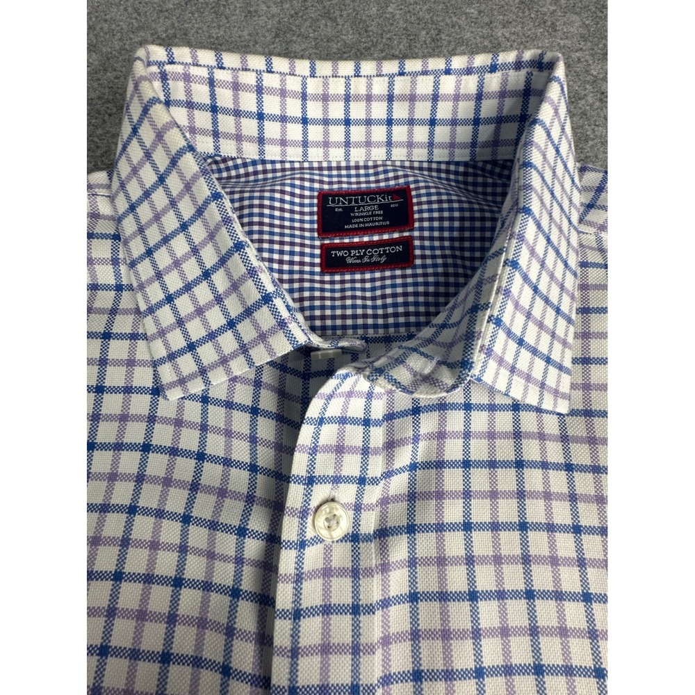UNTUCKit Cedarvale Shirt Mens Large Purple Blue Check Wrinkle Free Cotton 40165